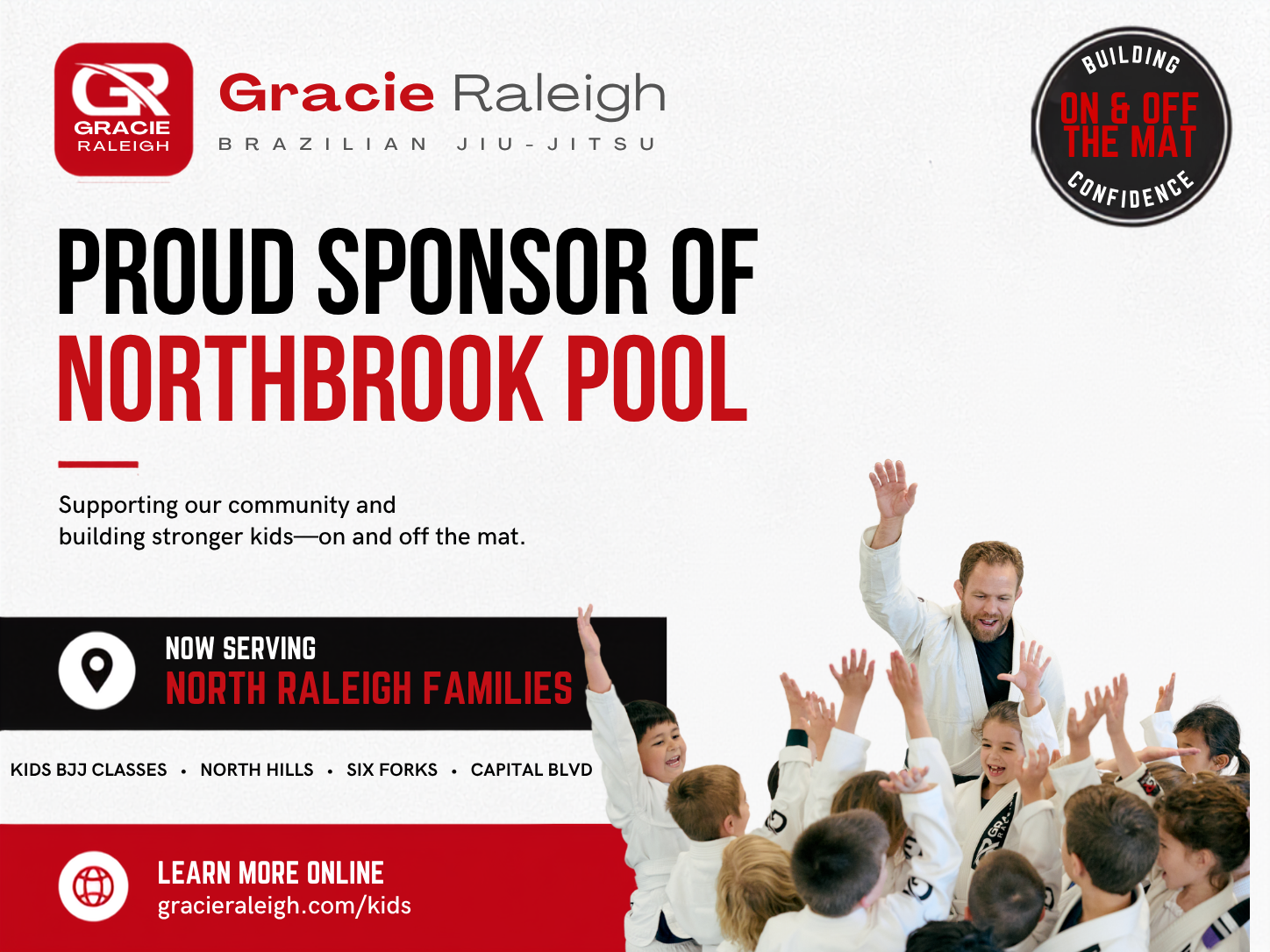Gracie Raleigh, a proud sponsor of Northbrook Pool, offering kids BJJ classes for North Raleigh, North Hills, and Six Forks families